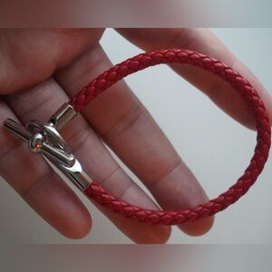 Hermes Red Leather Bracelet with Silver Clasp